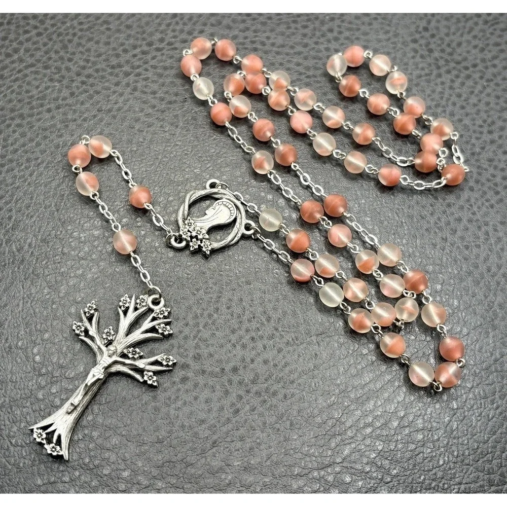 Dogwood Tree Pink Glass Rosary Bead Necklace Cross Pendant Silver Tone Boho